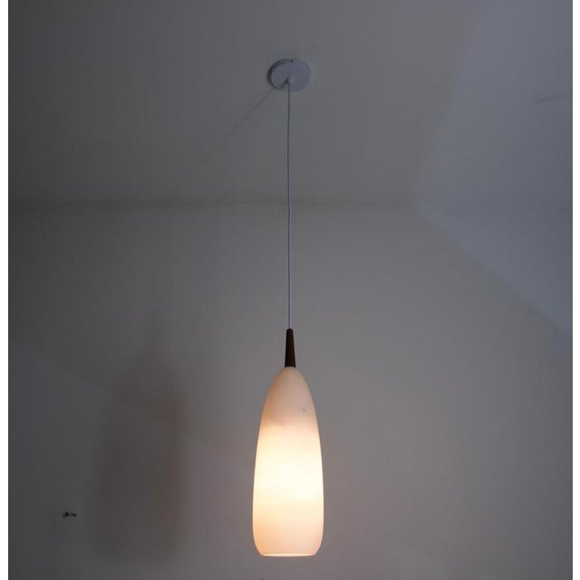 Teak and Opal Glass Pendant Lamp attributed to Uno & Östen Kristiansson for Luxus, Sweden, 1960s For Sale - Image 3 of 10