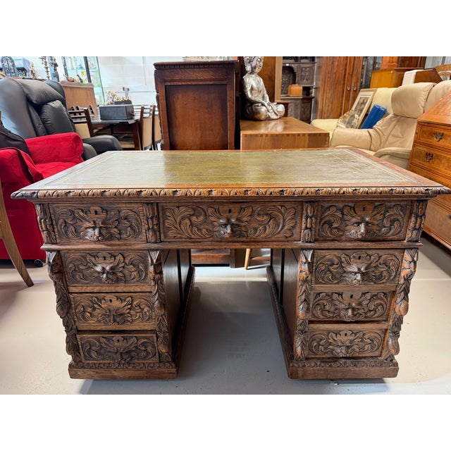 Antique Carved Oak Desk with Lion Handles, 1890s For Sale - Image 13 of 13