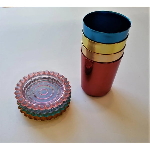 Mid-Century Anodized Aluminum Tumblers, Coasters - 8 Pieces | Chairish