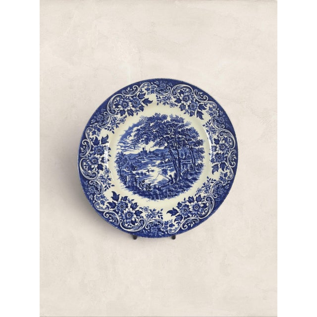 Vintage English Blue & White Transferware Broadhurst Staffordshire Ironstone Dinner Plates, Set of 3 A pastoral fishing...