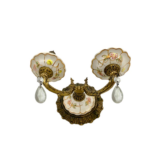 Vintage Two Arms Art Porcelain and Brass Italian Sconces - a Pair For Sale In Tulsa - Image 6 of 9