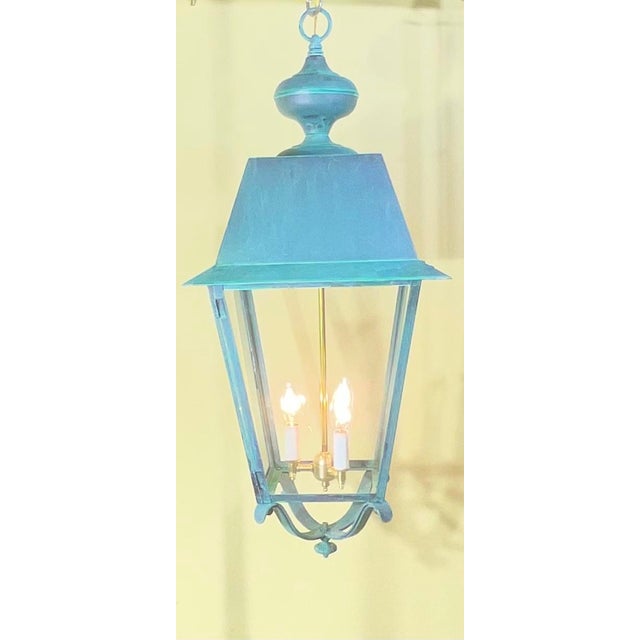 Pair of Solid Verdigris Brass Hanging Lanterns. 14” X 14” X 33” For Sale - Image 4 of 16
