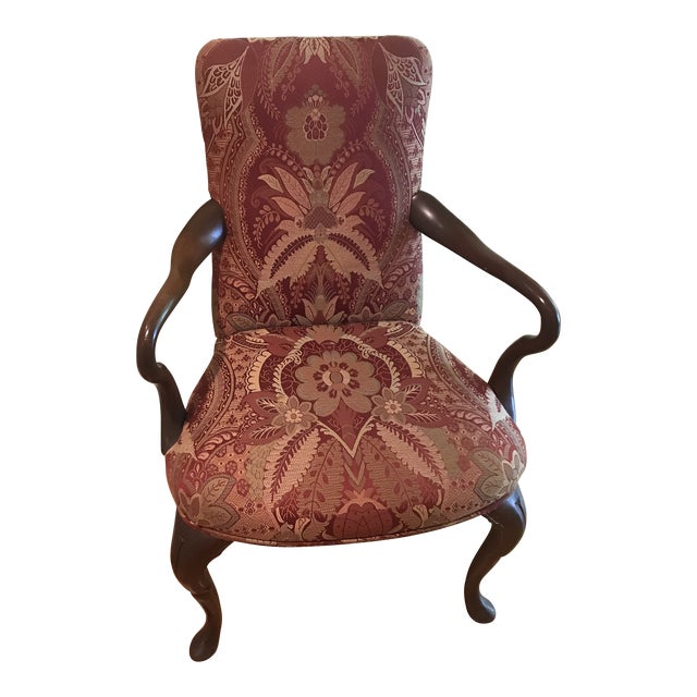 Hickory Silk Damask Brocade Carved Wood Accent Chair For Sale
