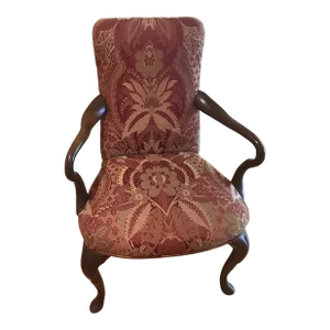 Hickory Silk Damask Brocade Carved Wood Accent Chair