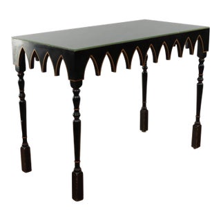 Mid 20th Century Painted Decorative Console Table With Turned Wood Legs and Glass Top For Sale