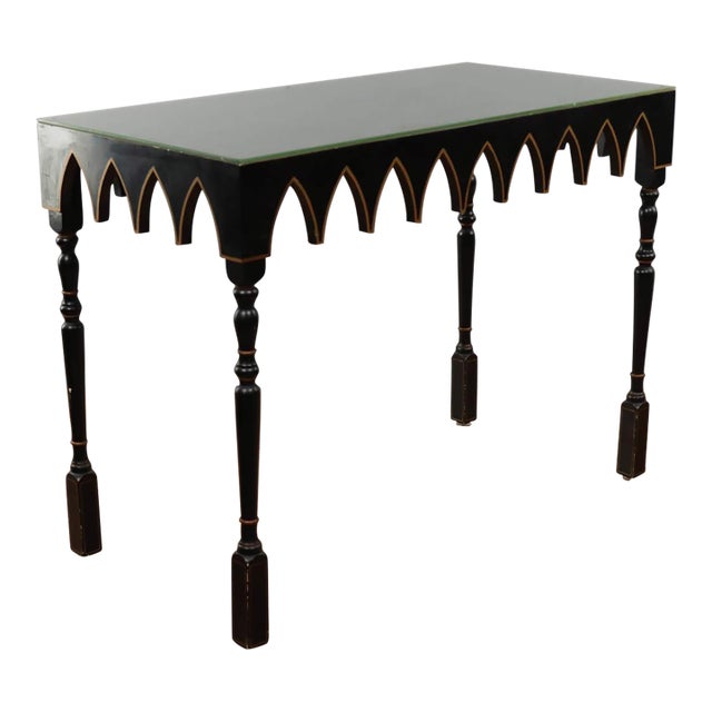 Mid 20th Century Painted Decorative Console Table With Turned Wood Legs and Glass Top For Sale
