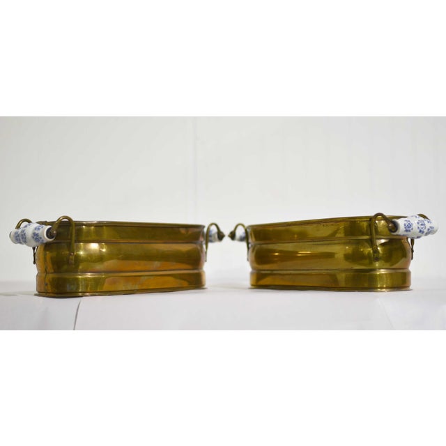 Vintage Brass Herb Planters With Blue & White Ceramic Handles - A Pair For Sale - Image 4 of 12