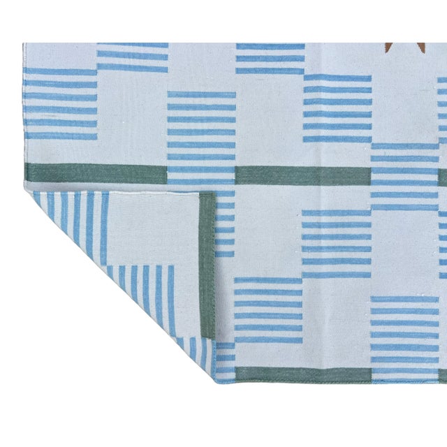 Casa Cosima Handmade Cotton Area Rug, Cream, Sky Blue, Green and Tan Star Dash Striped Dhurrie - 8'x10' For Sale - Image 4 of 12