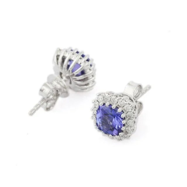 18k White Gold Cushion Cut Tanzanite and Diamond Stud Earrings - 2 Pieces For Sale - Image 4 of 7