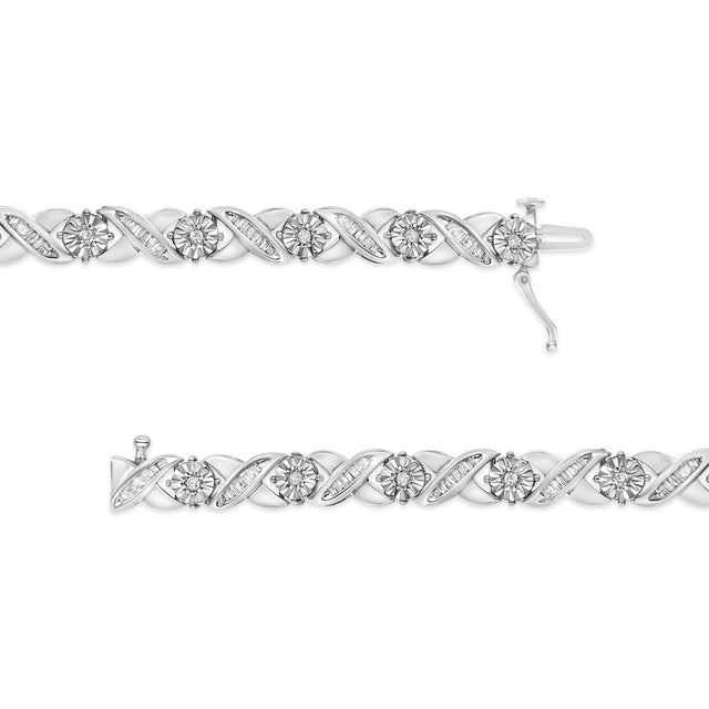 Contemporary .925 Sterling Silver 1.0 Cttw Round-Brilliant and Baguette Cut Diamond Miracle-Set X-Link 7" Tennis Bracelet (I-J Color, I2-I3 Clarity) For Sale - Image 3 of 7