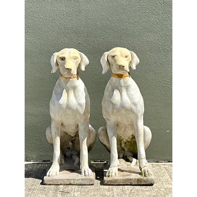 Bring a touch of noble English country charm to your estate with this striking pair of vintage cast concrete dogs....