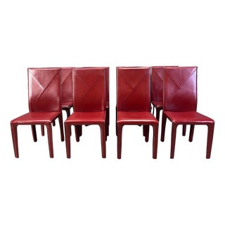 Red Leather Dining Chairs from Roche Bobois, France, 1980s, Set of 8 For Sale