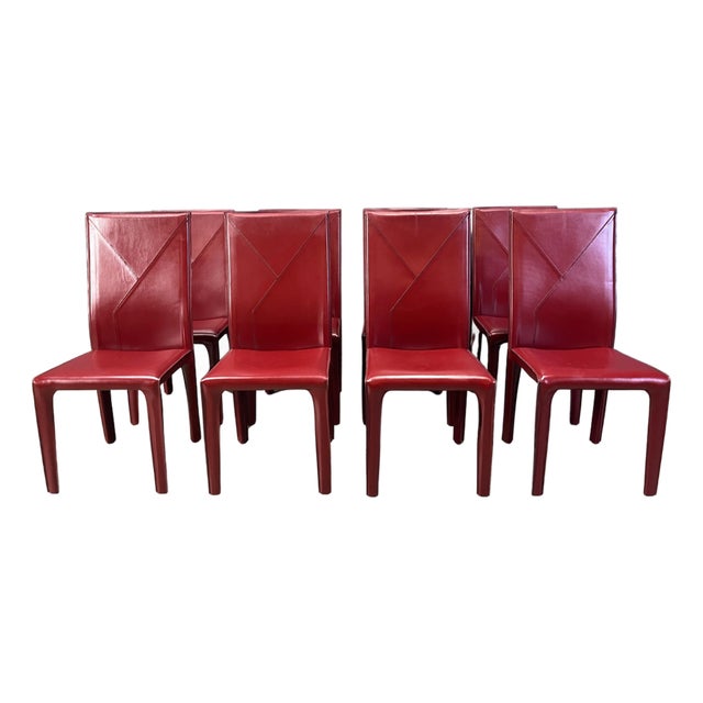 Red Leather Dining Chairs from Roche Bobois, France, 1980s, Set of 8 For Sale