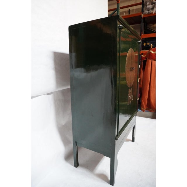 Traditional Imported Large Gem-Tone Green Lacquer Wedding Cabinet For Sale - Image 3 of 16