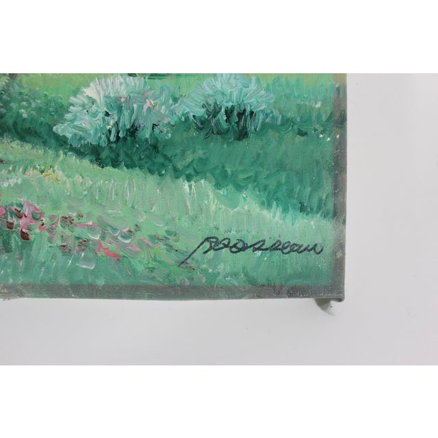 Vintage original oil painting. Flower field, cottage, couple with some trees and clouds in the background. Signed by...