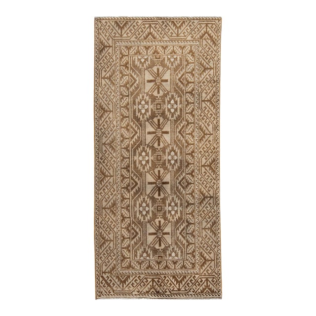 Vintage Hand-Knotted Neutral Anatolian Tribal Runner Rug | Earthy Beige & Walnut Geometric For Sale