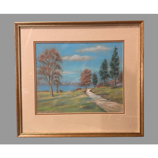 Vintage Riverside Landscape Framed Pastel Watercolor Painting With Trees For Sale - Image 6 of 6