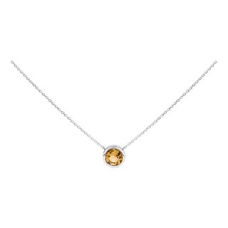 .925 Sterling Silver 7MM Bezel Set Created Yellow Citrine Pendant Necklace - 18" Inches For Sale