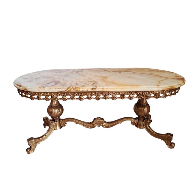 Beige Vintage Rococo Style Onyx, Brass and Marble Coffee Table, Italy, 1970s For Sale - Image 8 of 8