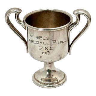 Small Dated 1918 Antique Silverplate Kennel Club Best Airedale Puppy Dog Show Trophy - 4 Inches Tall For Sale
