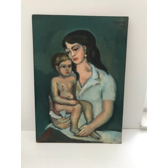 1960s Original Mother Child Oil on Board Painting For Sale - Image 4 of 4