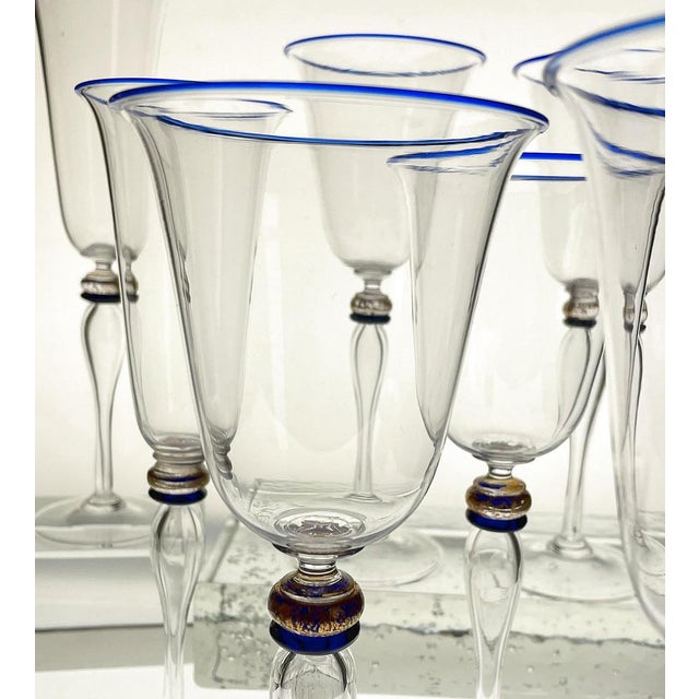 Stemmed Flute Glasses in Murano Glass with Cobalt and Gold Accents by Cenedese, 1980s, Set of 6 For Sale - Image 11 of 18