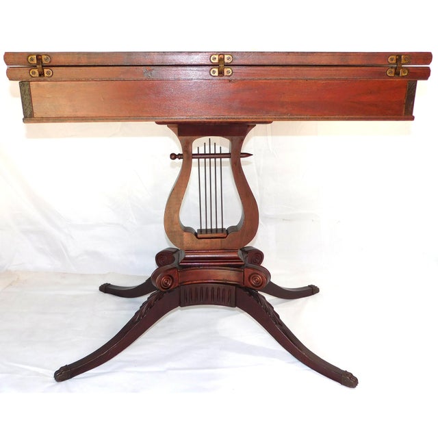 Wood Late 1930s Vintage Lexington Chair Company Mahogany Veneer Lyre Flip-Top Game Table For Sale - Image 7 of 18