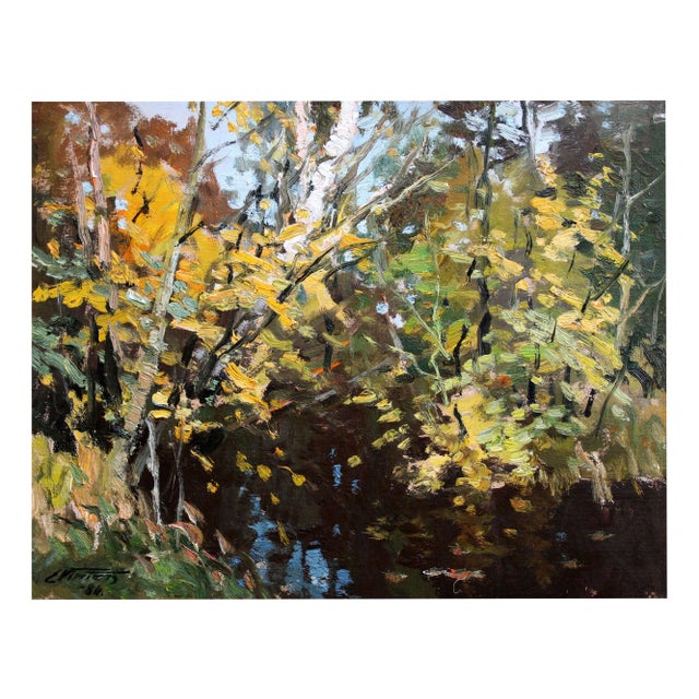 Edgars Vinters, River in Autumn, 1984, Oil on Cardboard For Sale