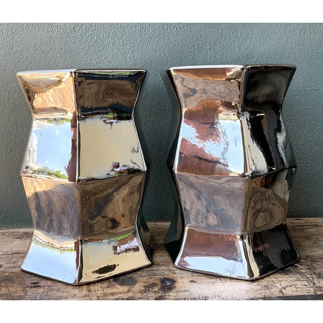 Ceramic Vintage Faceted Metallic Glaze Low Stools - A Pair For Sale - Image 7 of 18