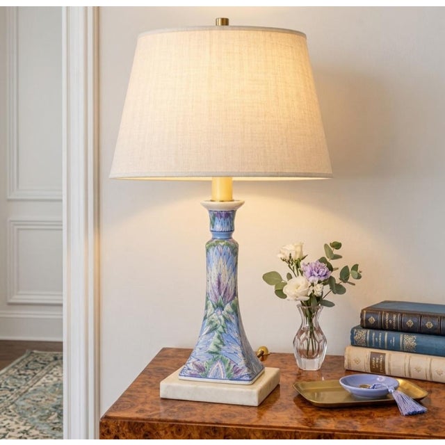 Vintage Italian Ceramic Table Lamp | Chinoiserie Feather & Bok Choy Leaf Pattern | Pastel Blue Green Purple Candlestick...