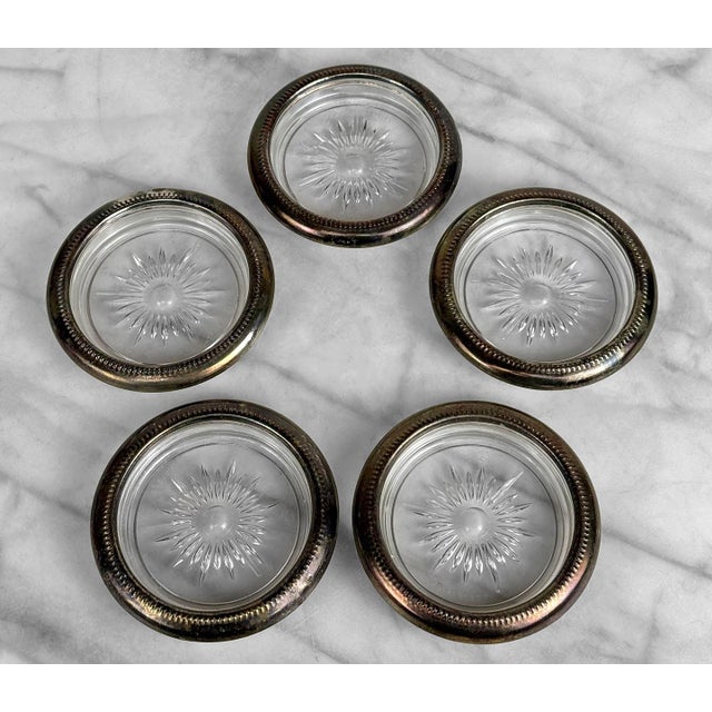 Victorian Vintage Victorian Italian Silverplate Glass Sunburst Drink Coasters - Set of 5 For Sale - Image 3 of 9