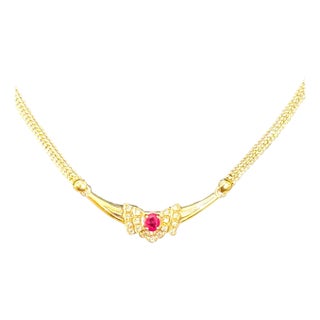 Natural Oval Ruby & Diamond Pendant Necklace 14k Yellow Gold, 15 Inch Long For Sale