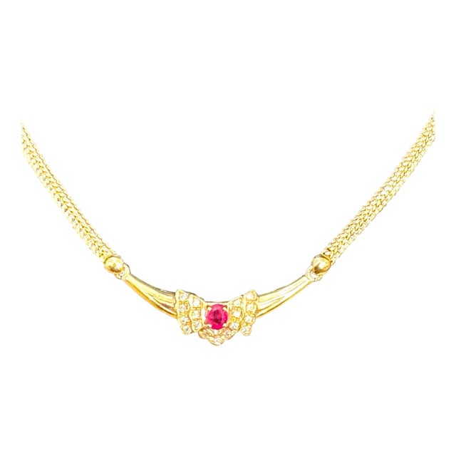 Natural Oval Ruby & Diamond Pendant Necklace 14k Yellow Gold, 15 Inch Long For Sale