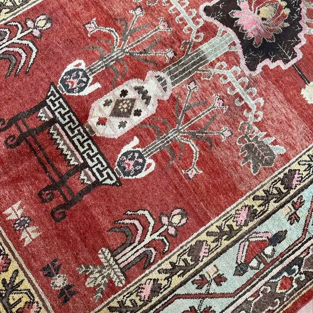 Antique Khotan Rug 4’7” x 6’7” – Handmade Vintage Rug, Central Asian Rug with Figurative Motifs, Red Field Floral Rug, One...