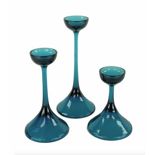 Blue Danish Style Glass Candleholders - Set of 3 For Sale