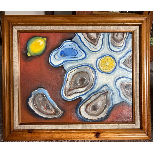 Original impressionist oil painting of oysters and lemons on an oyster plate by artist Alexandra St. Brown. Signed to the...