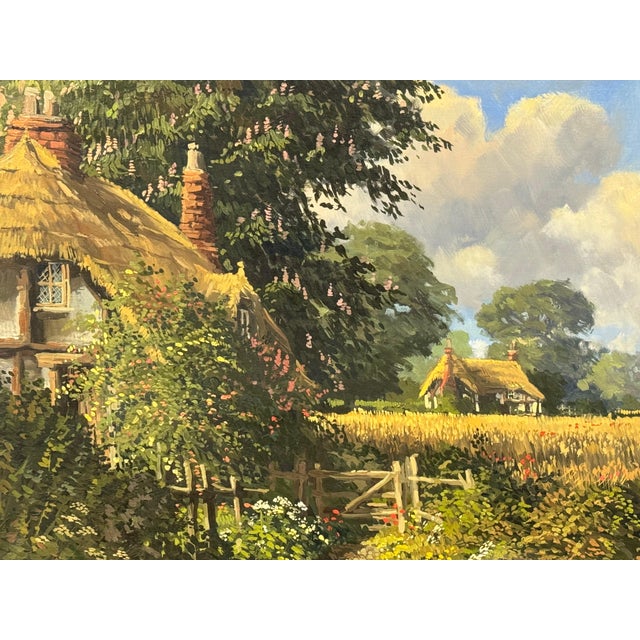 Green John Miller Thatched Cottages with Wild Flowers & Village Church in the English Countryside 1985 Circa For Sale - Image 8 of 18