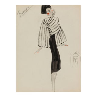 Vintage French Fashion Wall Art Print – White Coat & Black Dress, 12" X 16" For Sale