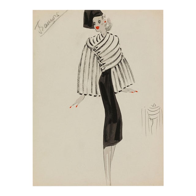 Vintage French Fashion Wall Art Print – White Coat & Black Dress, 12" X 16" For Sale
