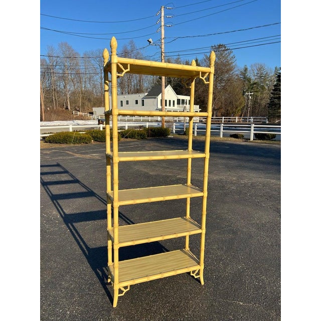 Palm Beach Regency Yellow Faux Bamboo Etagere Bookcase For Sale - Image 11 of 18
