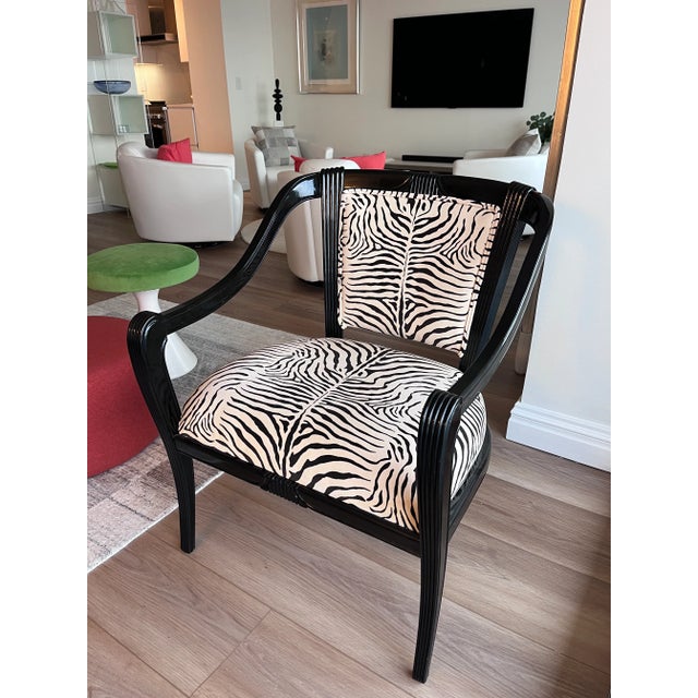 Black Glossy and Cotton Velvet Zebra Armchairs -A Pair For Sale - Image 9 of 12
