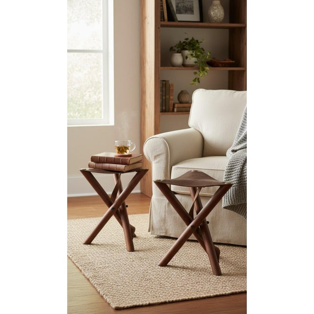1970s Folding Stools in Teak and Brown Leather, 1970s, Set of 2 For Sale - Image 5 of 18