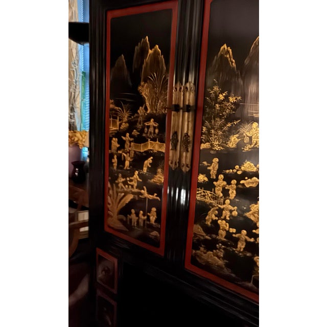 Vintage Black Chinoiserie Cabinet With Gilt Landscape Panels and Red Trim For Sale - Image 12 of 12