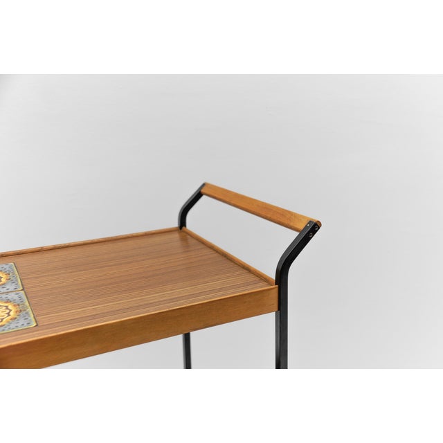 Brown Vintage Walnut and Ceramic Serving Trolley, 1960s For Sale - Image 8 of 12