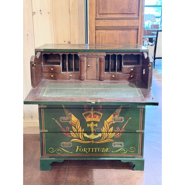 Antique Victorian Naval Campaign Secretary Chest With Hand Painted Maritime Motifs For Sale - Image 4 of 12