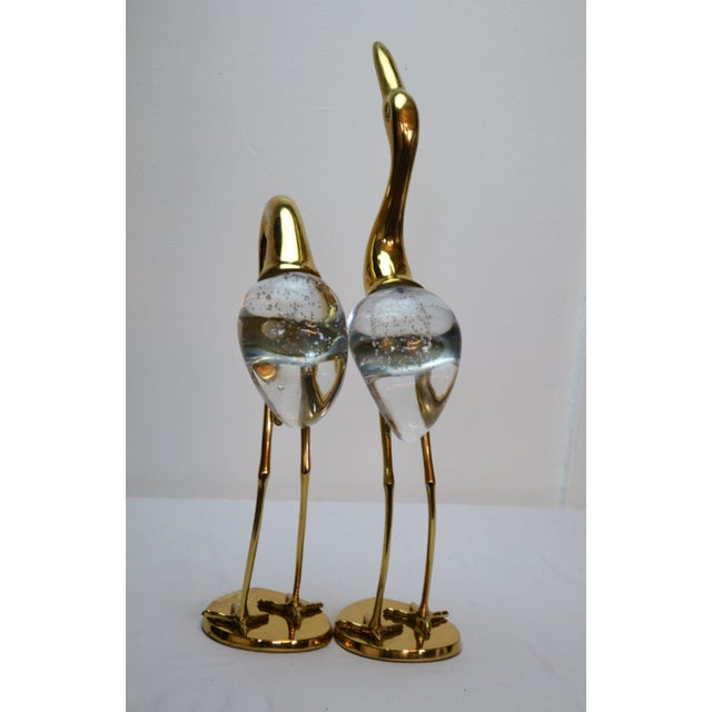 Hollywood Regency 1980s Hollywood Regency Lacquered Brass Glass Crane Heron Stork Sculptures - a Pair For Sale - Image 3 of 7