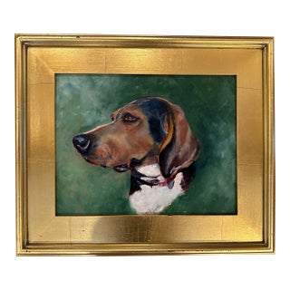 Original Oil Painting on Wood Panel “Hunting Hound Dog in Profile" -Framed 20x17” For Sale