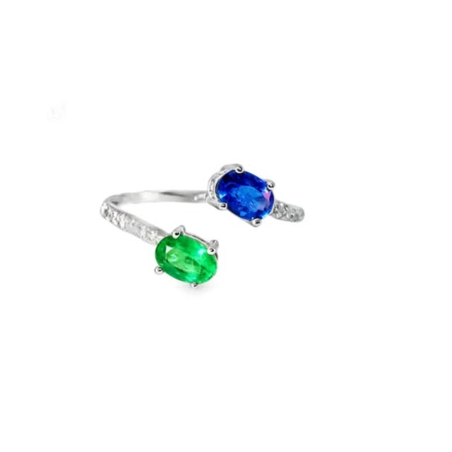 Late 20th Century 18K Gold Diamond Ruby Emerald Sapphire Duo Bypass Ring Estate, Size 7.5 For Sale - Image 4 of 6