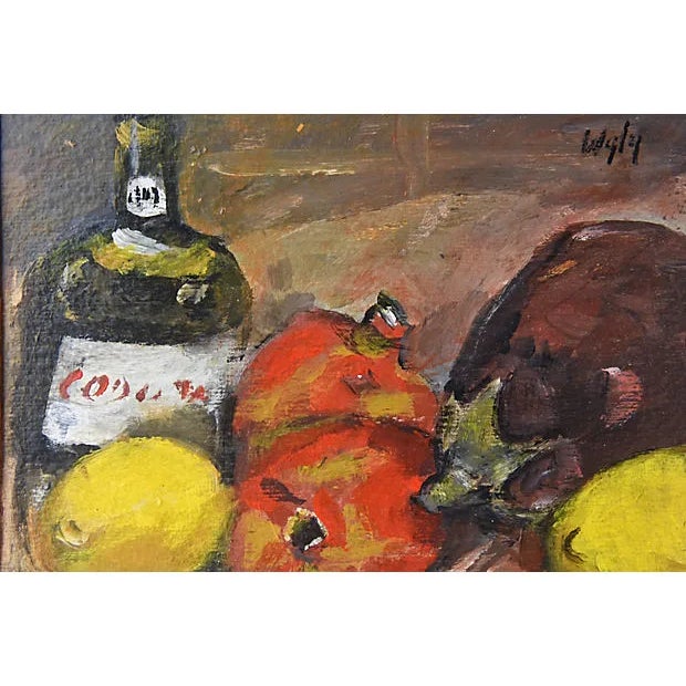 Still life acrylic on board painting of a bottle and fruit. Signed "Wyly." Displayed in a handmade wood frame. Image: 8"L...