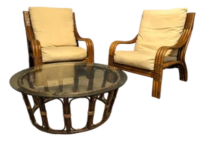Rattan Lounge Chairs with Table, Set of 3